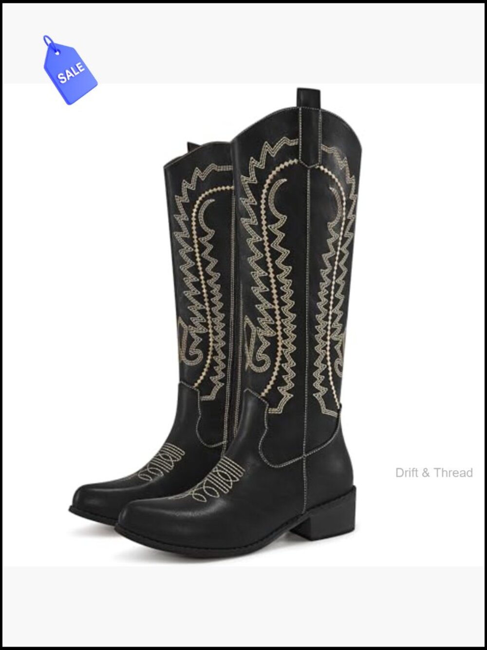 Embroidered Knee High Cowboy Boots with Chunky Heel, Pointed Toe, Side Zipper - Picture 6 of 7